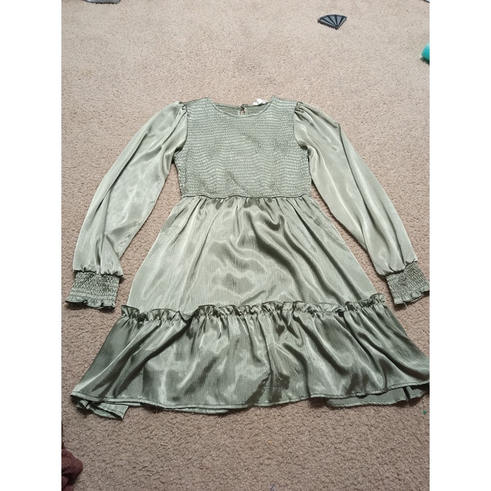 Sage Green Long Sleeve Smocked Waist Dress